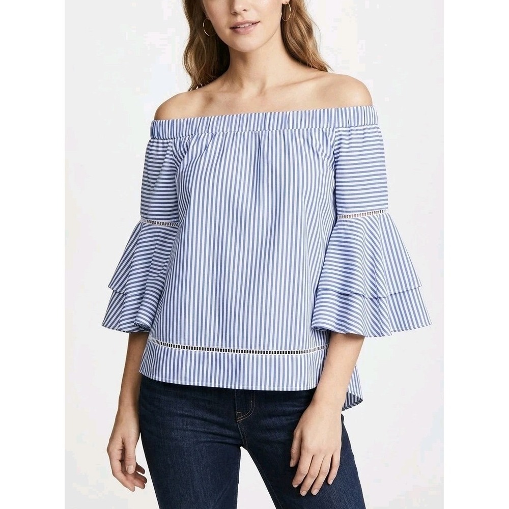 Off Shoulder Striped Blouse Bell Sleeve Coastal Boho Top Blue White
Whimsigoth L
